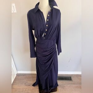 NWT Modesees Women's Navy Long-Sleeve Ruched Midi Dress